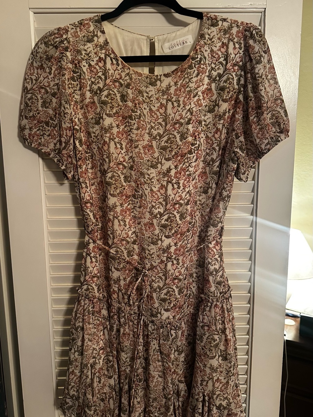 Floral Puff-Sleeve Mini Dress in Neutral Pink & Green